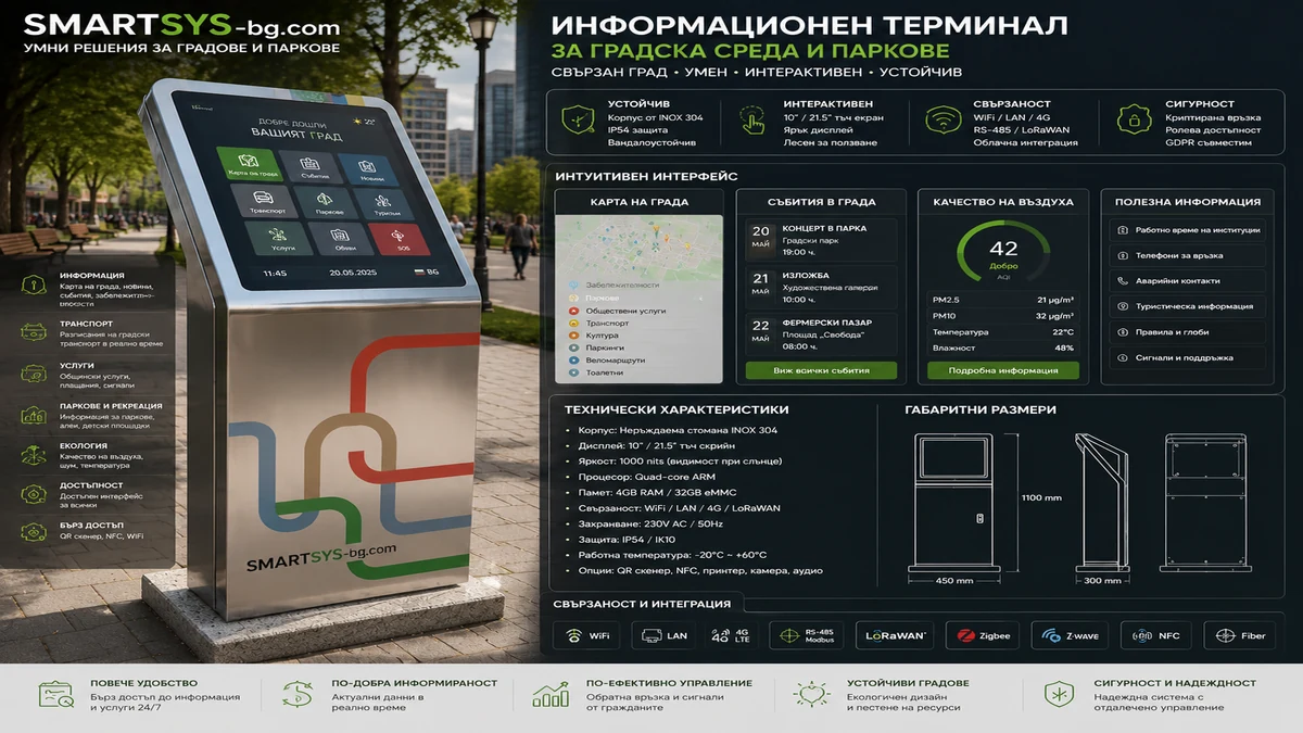 Информационни табла за градска среда: интерактивни киоски за паркове и градски пространства