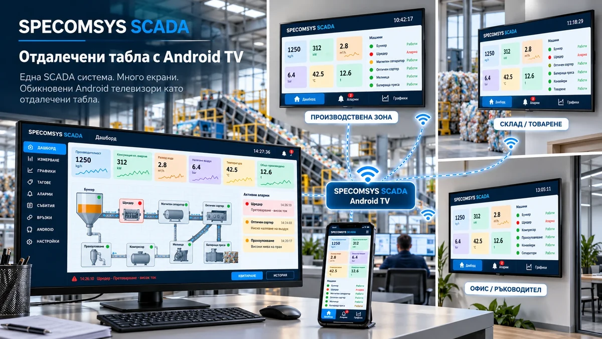 SPECOMSYS SCADA — отдалечени табла с Android TV в производството, склада и офиса